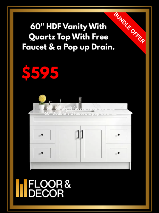 60" HDF Vanity With Quartz Top With Free Faucet & a Pop up Drain