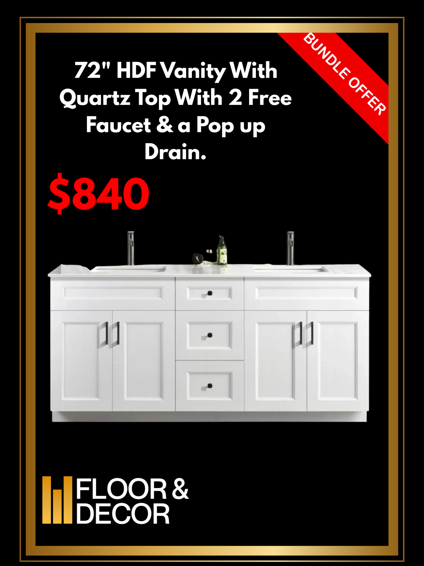 72" HDF Vanity With Quartz Top  – With Two Free Faucets & Two Pop-Up Drains