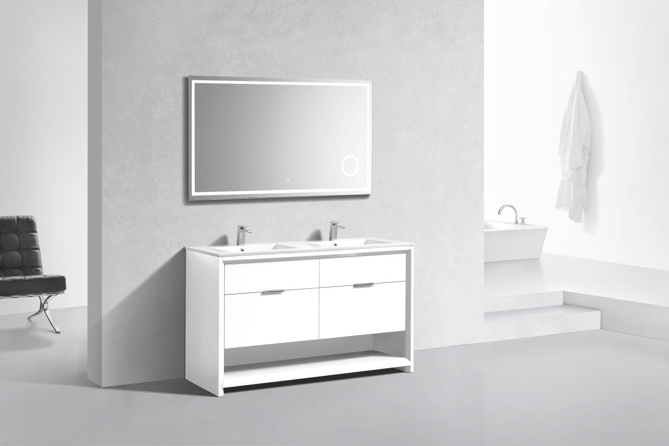 60″ Inch Double Sink Nudo Kubebath Modern Bathroom Vanity In High Gloss White Finish