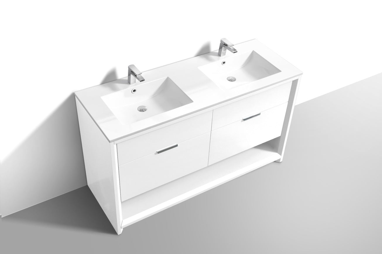 60″ Inch Double Sink Nudo Kubebath Modern Bathroom Vanity In High Gloss White Finish