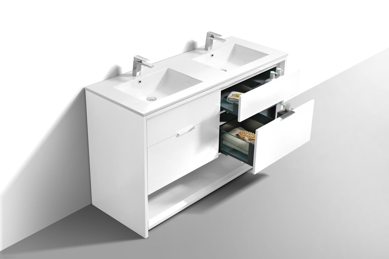 60″ Inch Double Sink Nudo Kubebath Modern Bathroom Vanity In High Gloss White Finish