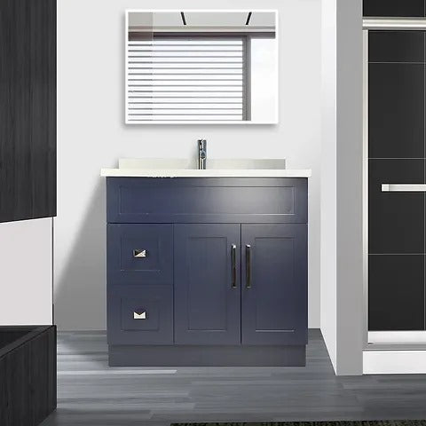 36″ Solid Wood Blue Shaker Style Vanity With Quartz Top