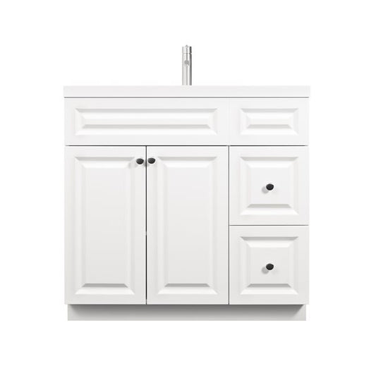 36" White Mdf Vanity With Drawers And Quartz Top