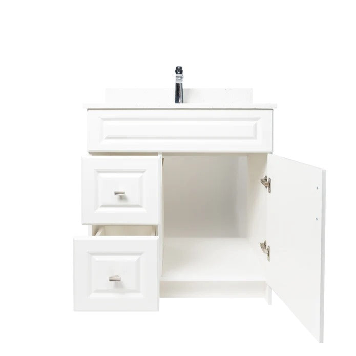 30" White Mdf Vanity With Drawers And Quartz Top