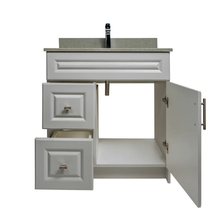 30" Light Grey Mdf Vanity With Drawers And Quartz Top