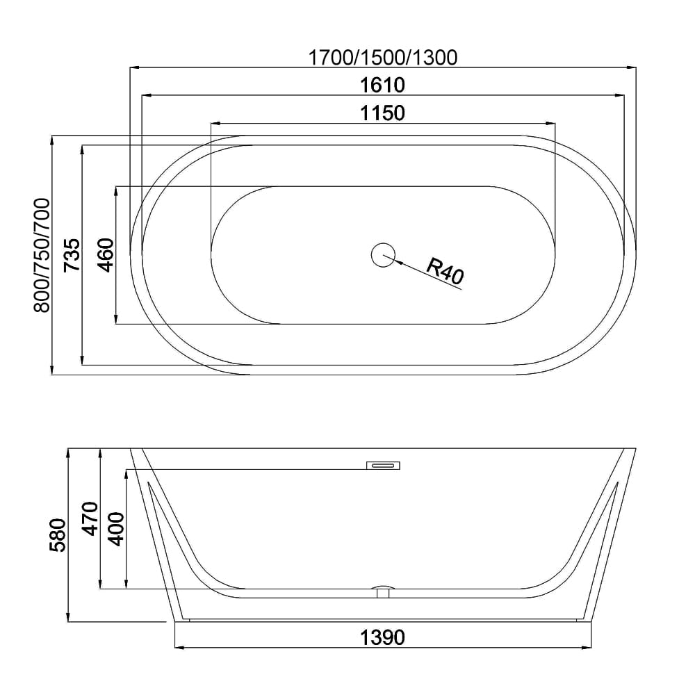 F&D RL-MF-1242 Freestanding Tub 60''x 30''x 24''With black overflow drain