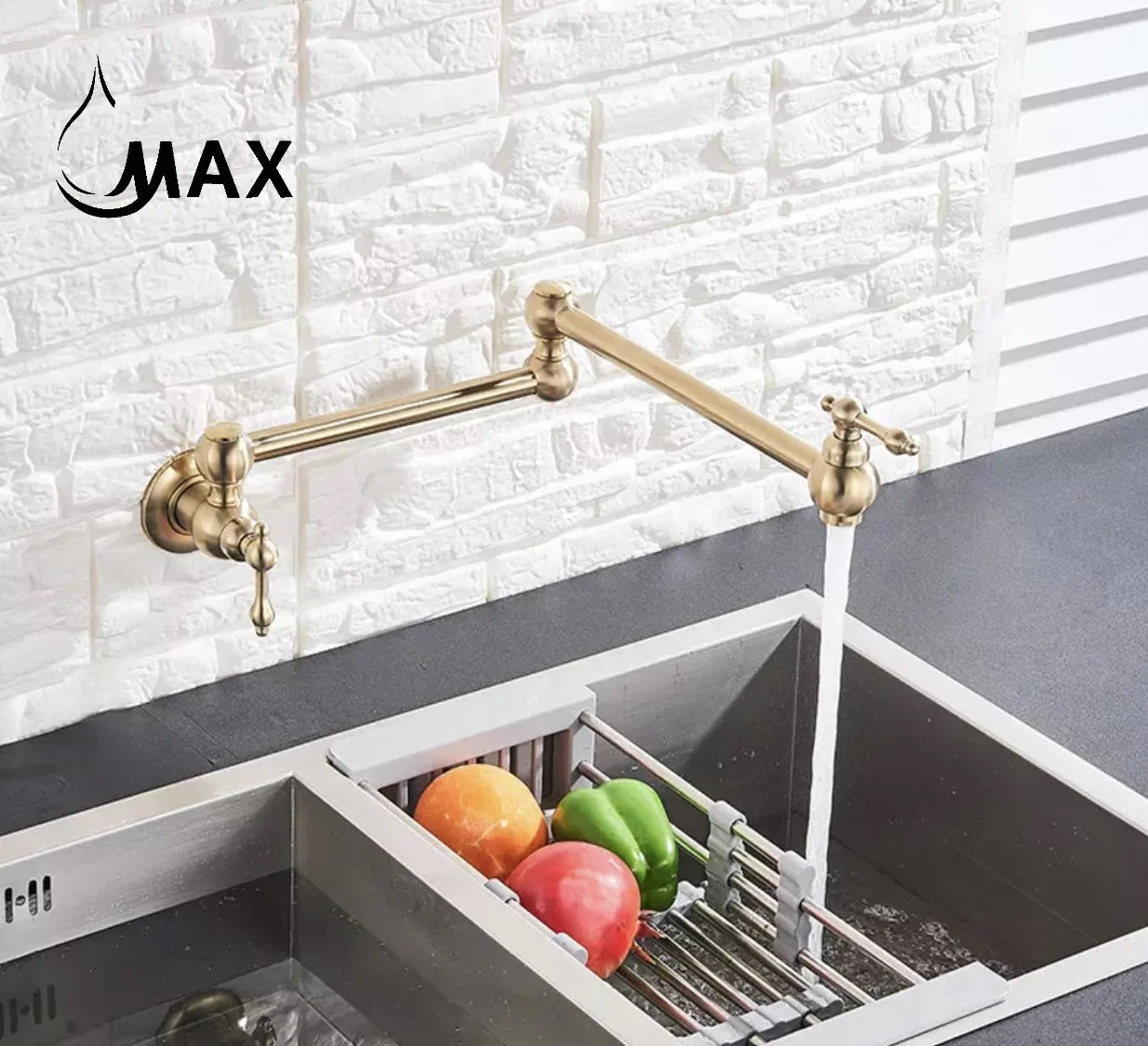 Pot Filler Faucet Double Handle Traditional Wall Mounted With Accessories 22" Brushed Gold Finish  PF-2008-BG