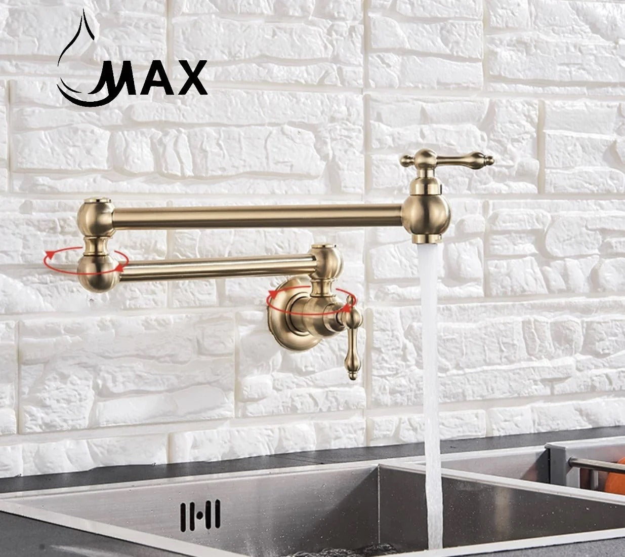 Pot Filler Faucet Double Handle Traditional Wall Mounted With Accessories 22" Brushed Gold Finish  PF-2008-BG