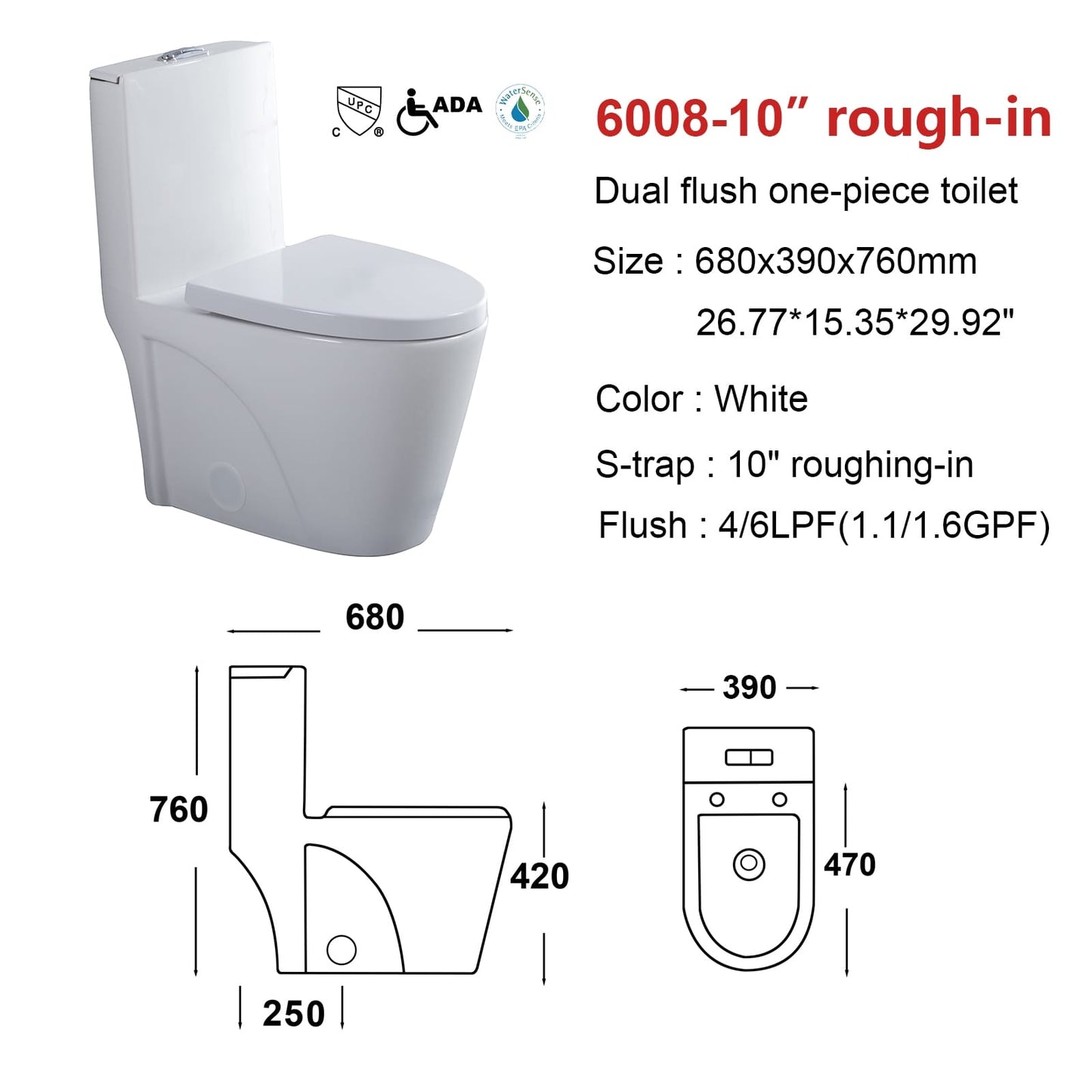 F&D Dual Flush One Piece Toilet 6008-10" rough-in