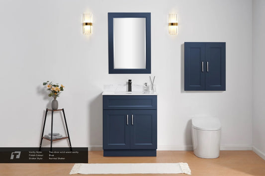 24″ Solid Wood Blue Shaker Style Vanity With Quartz Top
