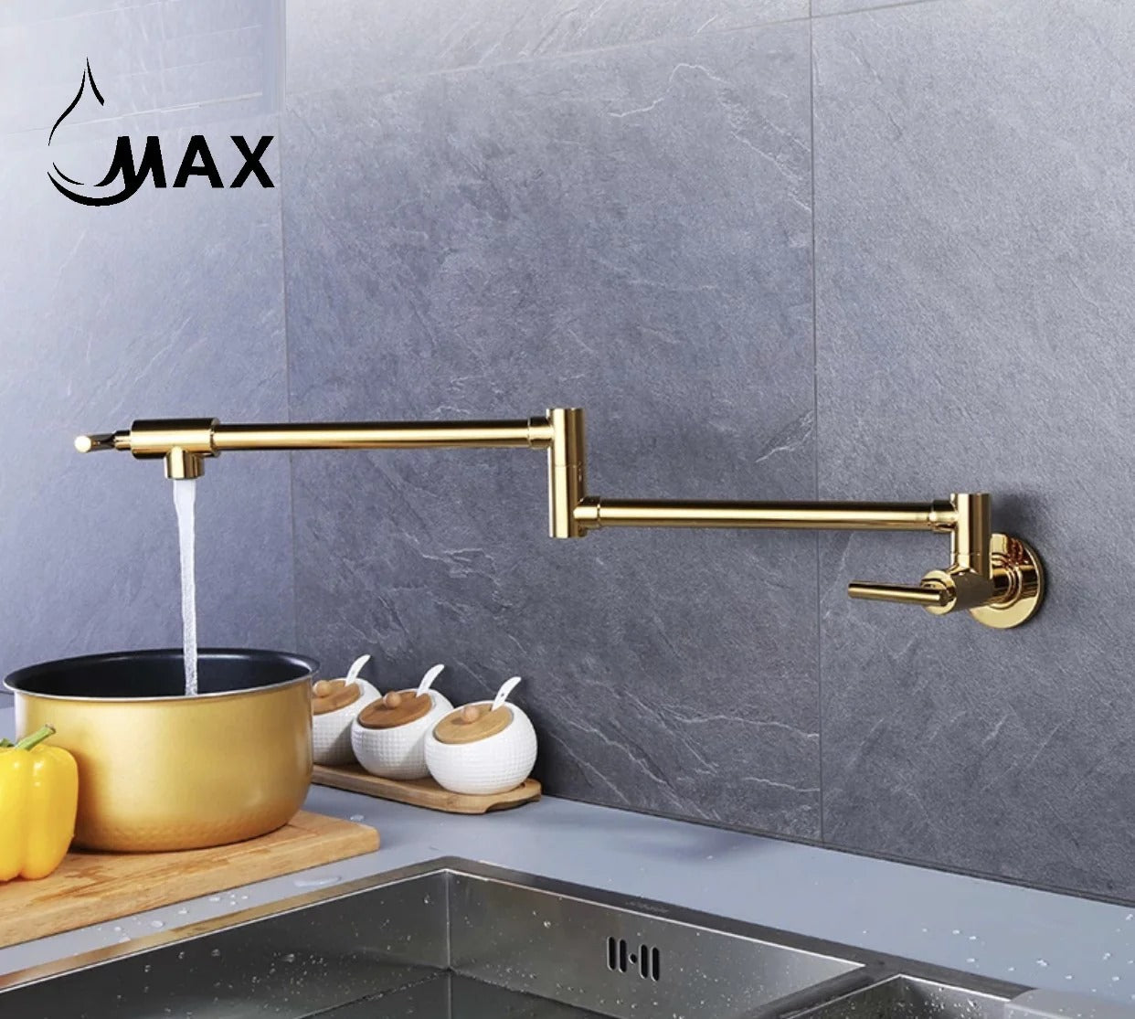 Pot Filler Faucet Double Handle Commercial Wall Mounted 26" With Accessories Shiny Gold Finish PF-12407-G