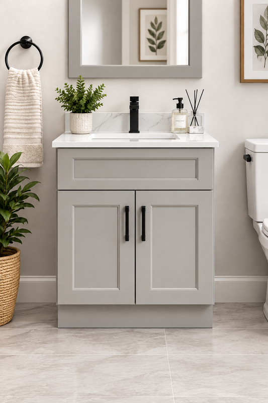 24″ Solid Wood Light Grey Shaker Style Vanity Gs24 With Quartz Top