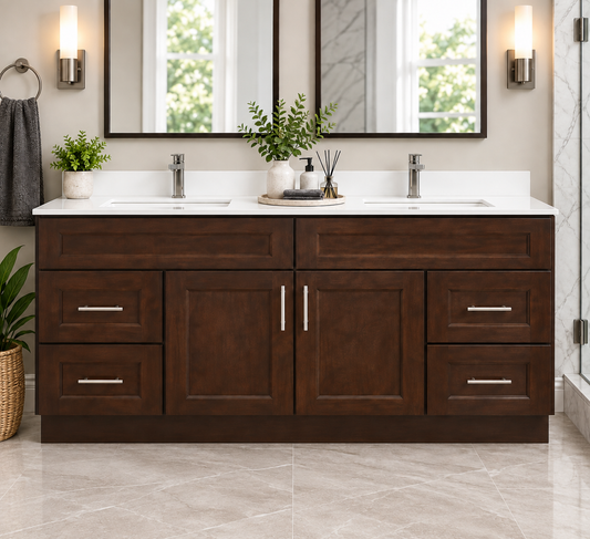 72" Inch Double Sink Solid Wood Dark Walnut Shaker Style Vanity Ds72 With Quartz Top
