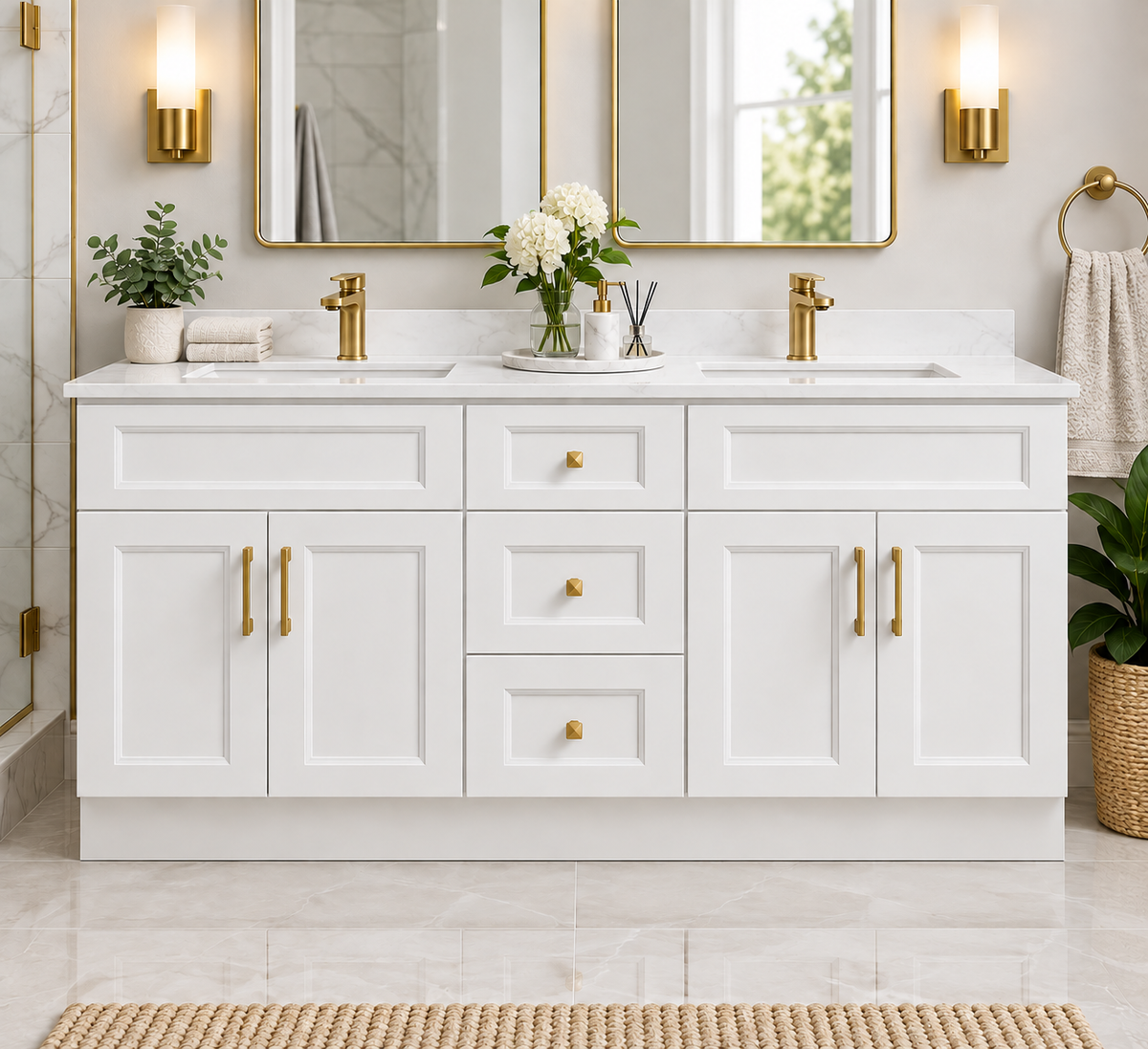 60" Inch Double Sink Solid Wood White Shaker Style Vanity Ws60dd With Quartz Top