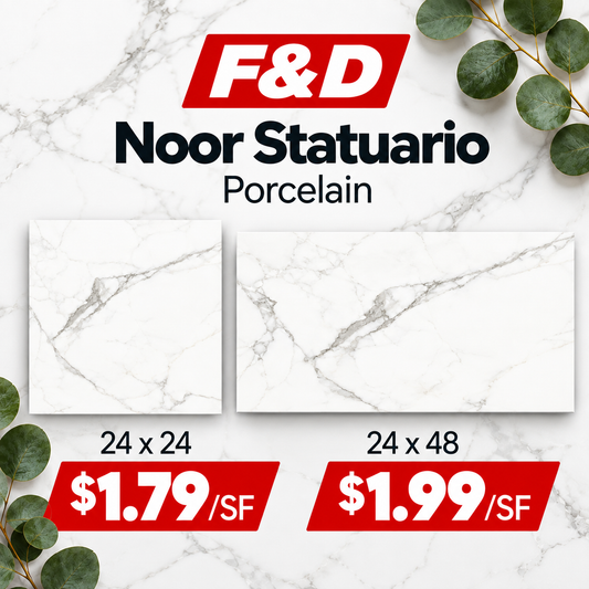 Noor Statuario Porcelain 24x24 @1.79/sf And 24x48 @1.99/sf