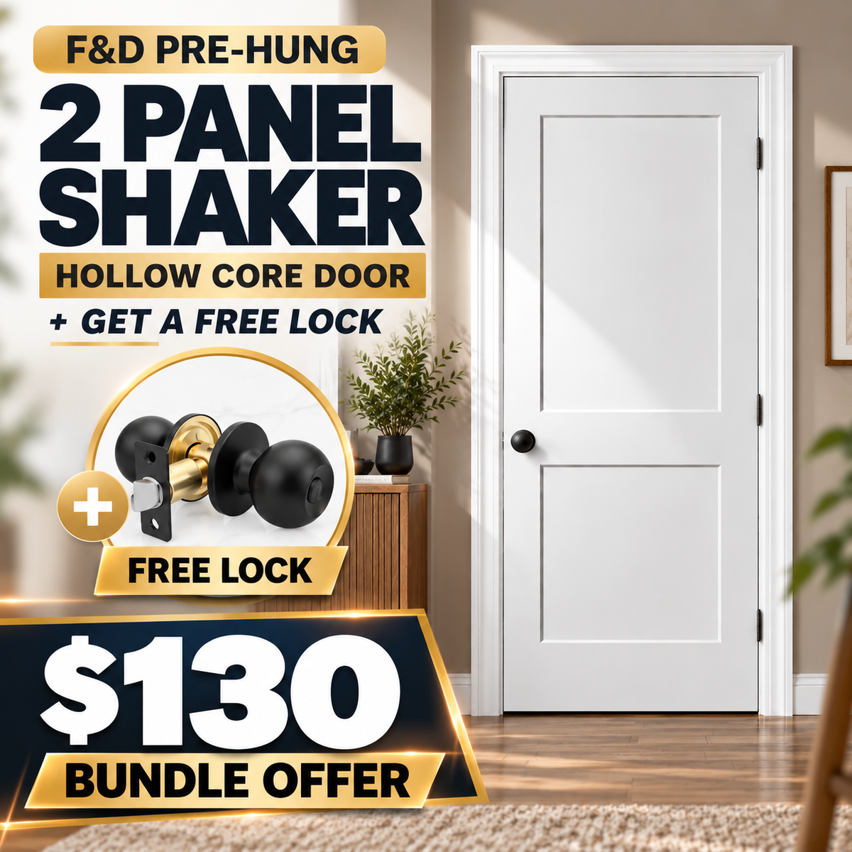 F&D Pre-Hung 2 Panel Shaker Hollow Core Door + Get a Free Lock