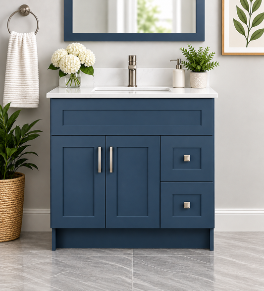 36″ Solid Wood Blue Shaker Style Vanity With Quartz Top