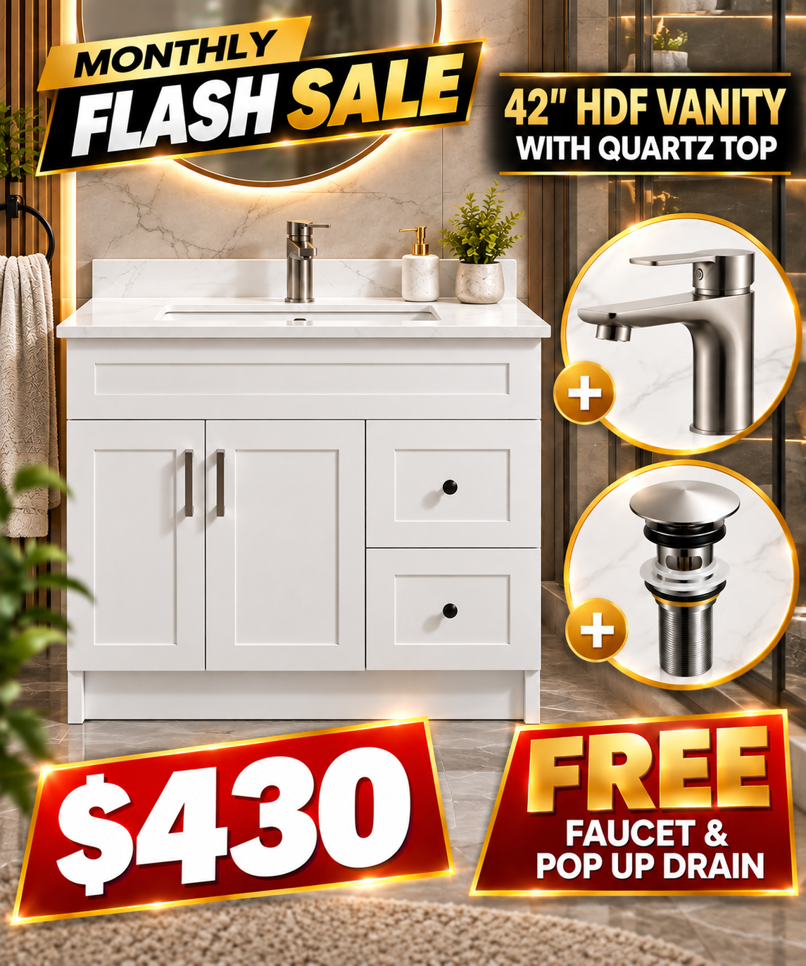 42" HDF Vanity With Quartz Top With Free Faucet & a Pop up Drain.