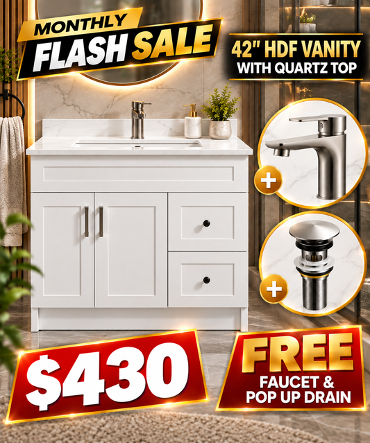 42" HDF Vanity With Quartz Top With Free Faucet & a Pop up Drain.