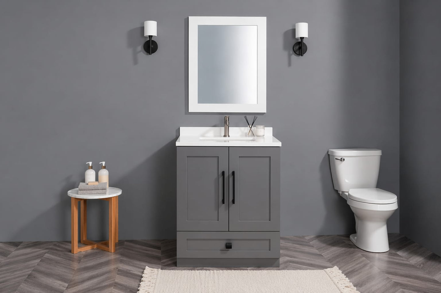 30″ Solid Wood Light Grey Shaker Style Vanity Gs30 With Quartz Top