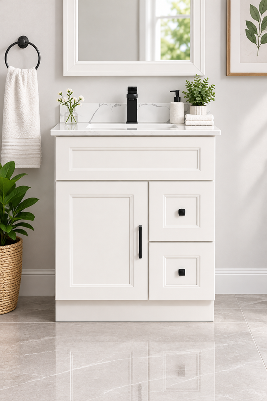 30″ Solid Wood White Shaker Style Vanity Ws30 With Quartz Top