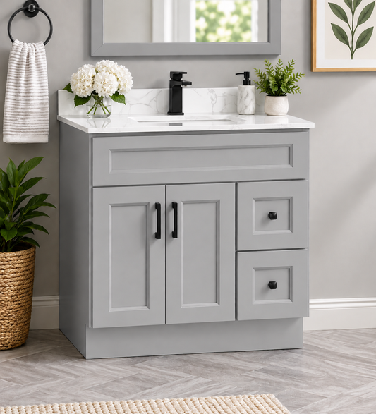 36″ Solid Wood Light Grey Shaker Style Vanity Gs36 With Quartz Top