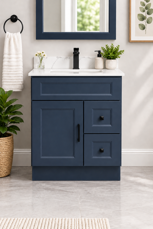 30″ Solid Wood Blue Shaker Style Vanity With Quartz Top