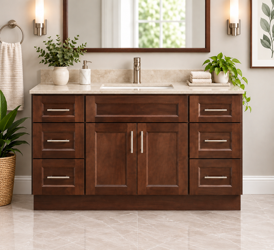 60"Inch Single Sink Solid Wood Dark Walnut Shaker Style Vanity Ds60 With Quartz Top