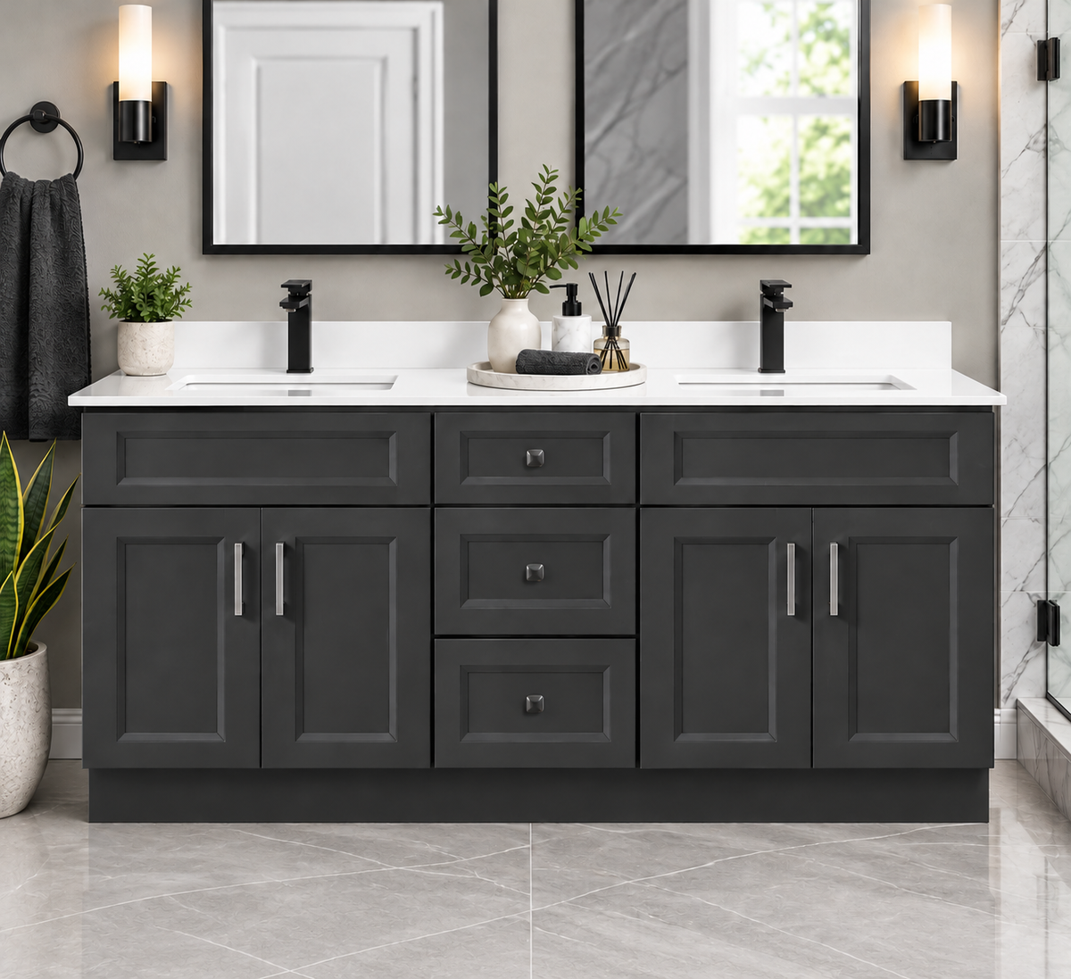 72" Inch Double Sink Solid Wood Charcoal Shaker Style Vanity Dgs72 With Quartz Top