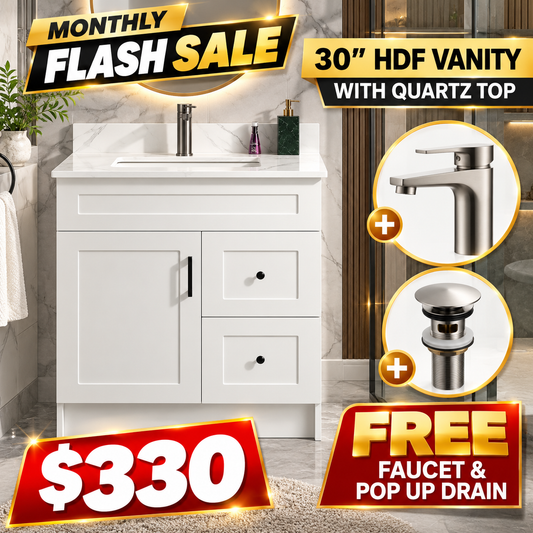 30" HDF Vanity With Quartz Top With Free Faucet & a Pop up Drain.