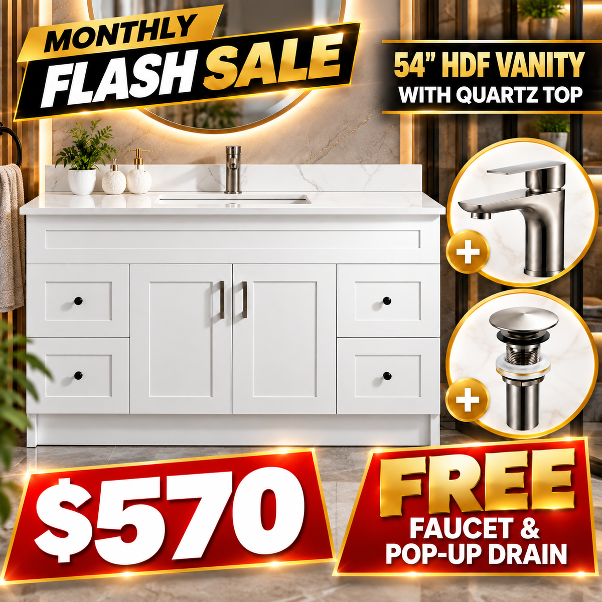 54" HDF Vanity With Quartz Top With Free Faucet & a Pop up Drain.