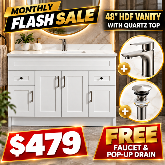48" HDF Vanity With Quartz Top With Free Faucet & a Pop up Drain.