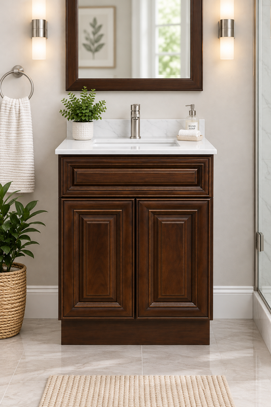 24" Inch Solid Wood Dark Walnut Classic Style Vanity Dc24 With Quartz Top