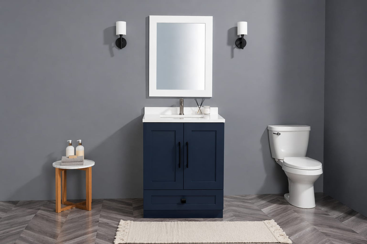 36″ Solid Wood Blue Shaker Style Vanity With Quartz Top