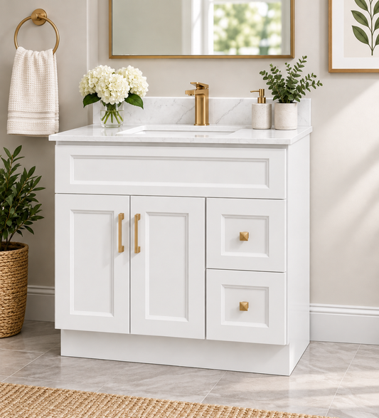 36″ Solid Wood White Shaker Style Vanity Ws36 With Quartz Top