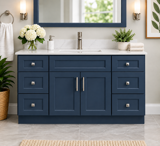 60" Inch Single Sink Solid Wood Blue Shaker Style Vanity With Quartz Top