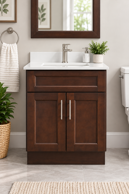 24" Inch Solid Wood Dark Walnut Shaker Style Vanity Ds24 With Quartz Top