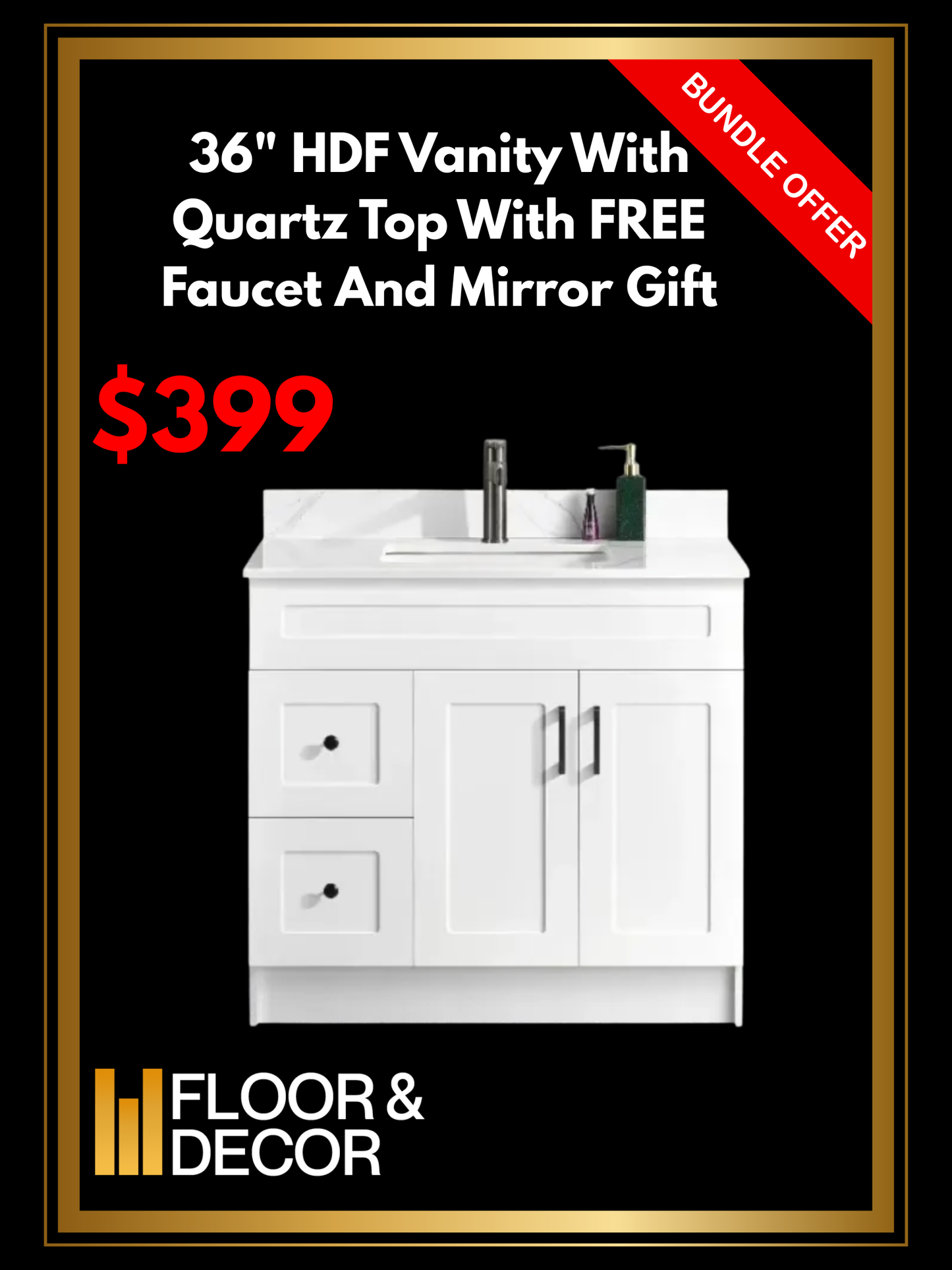36" HDF Vanity With Quartz Top With Free Faucet And Mirror Gift