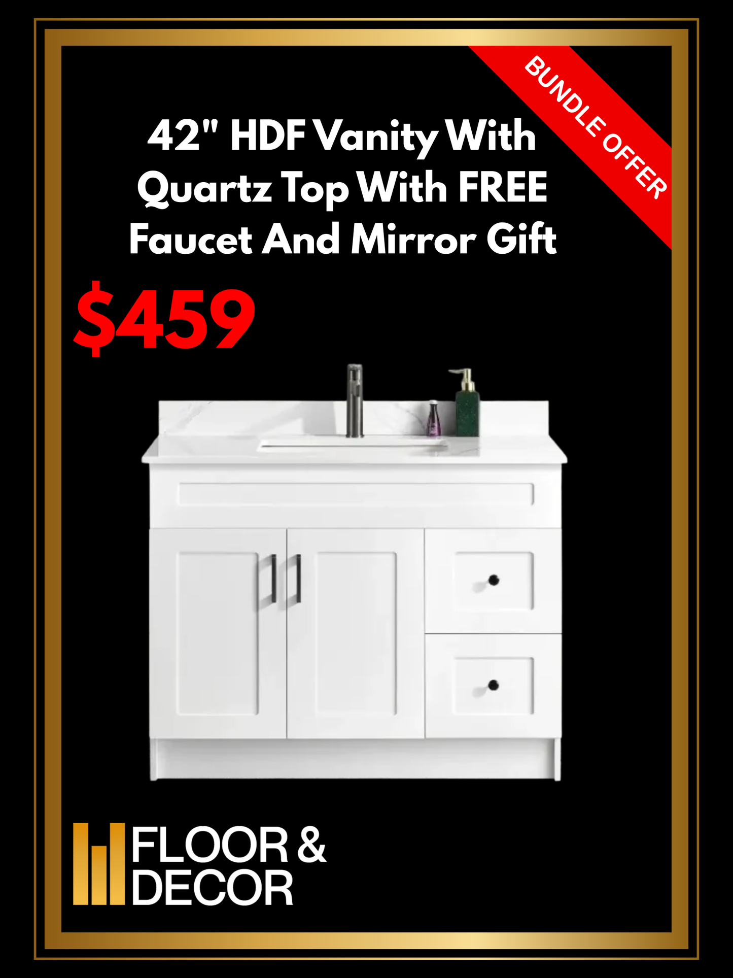 42" HDF Vanity With Quartz Top With Free Faucet And Mirror Gift