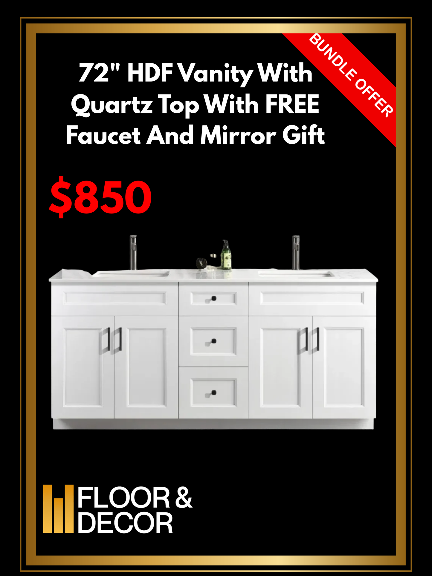 72" HDF Vanity With Quartz Top With Free Faucet And Mirror Gift