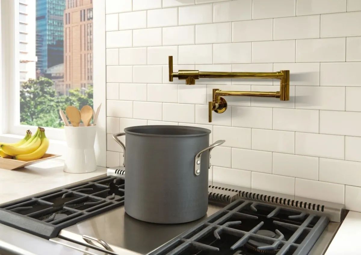 Pot Filler Faucet Double Handle Commercial Wall Mounted 26" With Accessories Shiny Gold Finish PF-12407-G