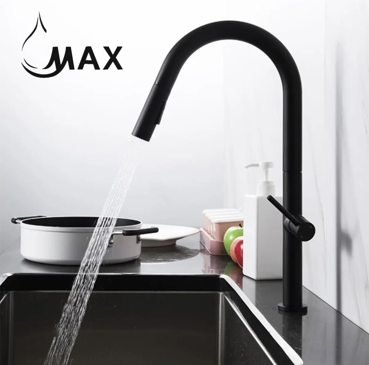 Contemporary Round Pull-Out Kitchen Faucet 17" Matte Black Finish MK-54601-MB