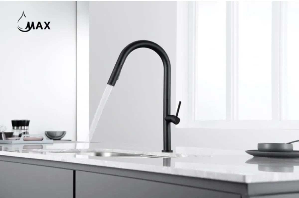 Contemporary Round Pull-Out Kitchen Faucet 17" Matte Black Finish MK-54601-MB