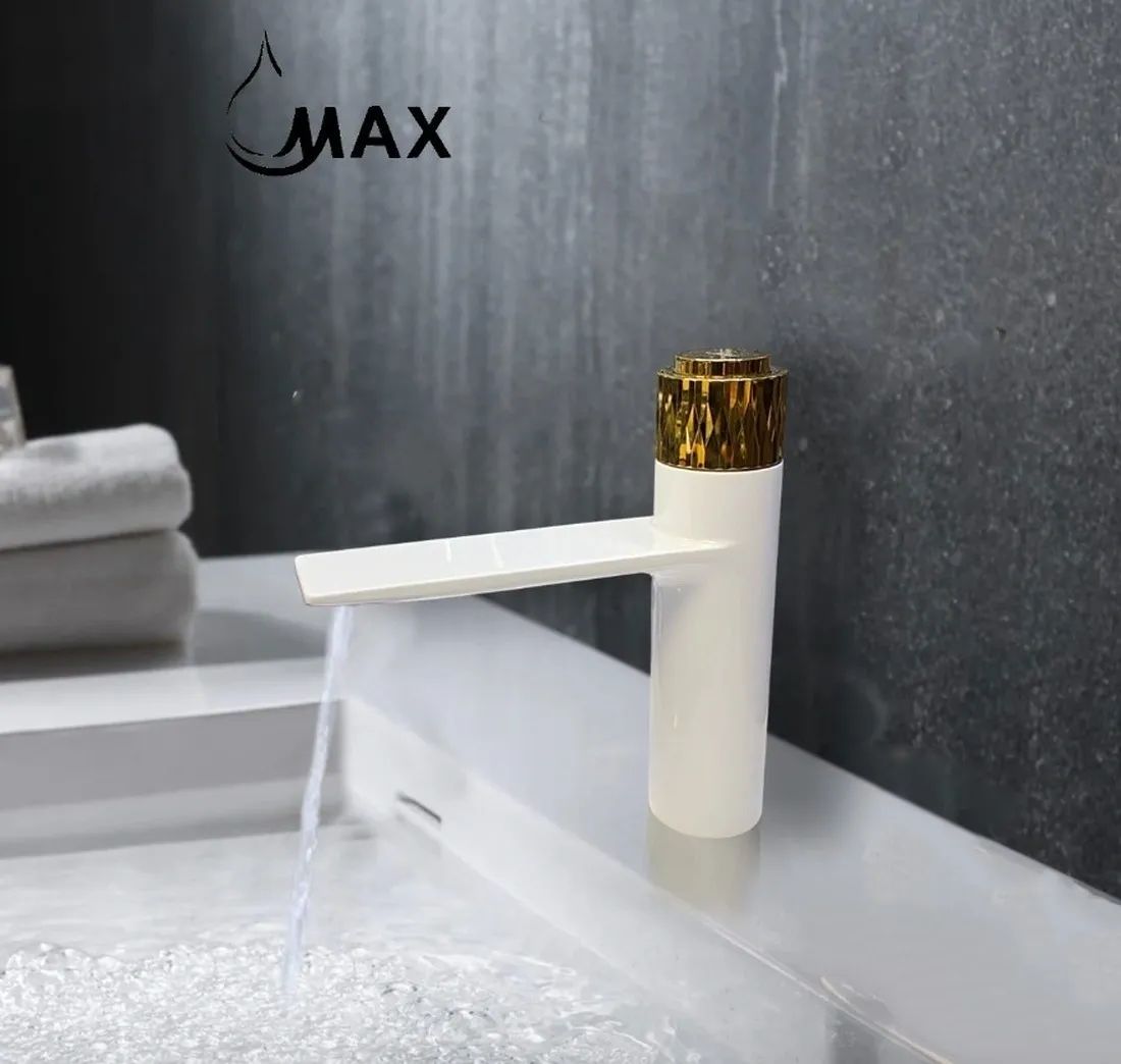 Waterfall Push Button Bathroom Faucet White Body,Gold Knob Finish MW-1909-2XWG